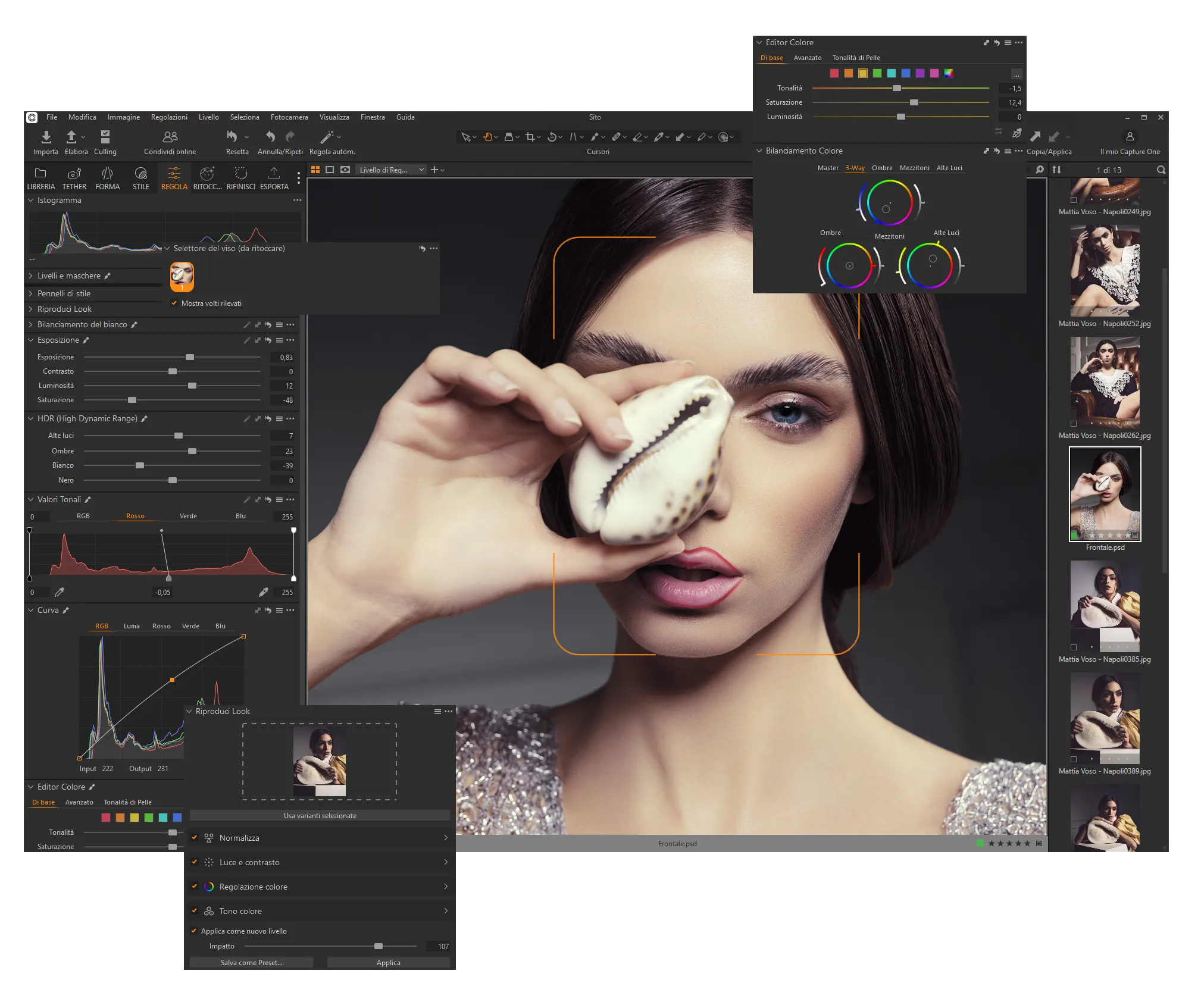 Interfaccia Capture One durante il raw editing di un ritratto beauty professionale