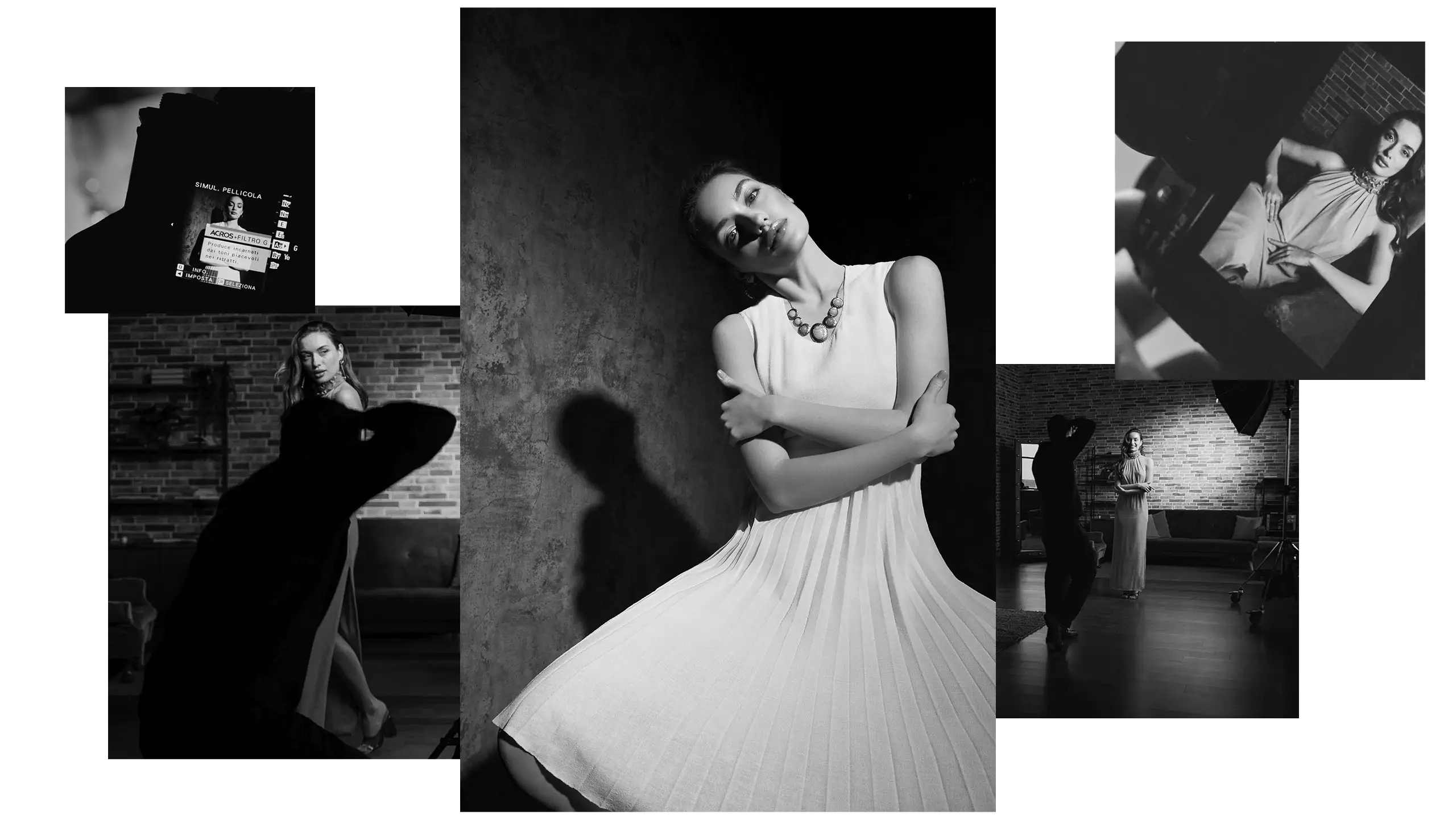 Montaggio fotografico in bianco e nero con ritratti, backstage e immagini del set