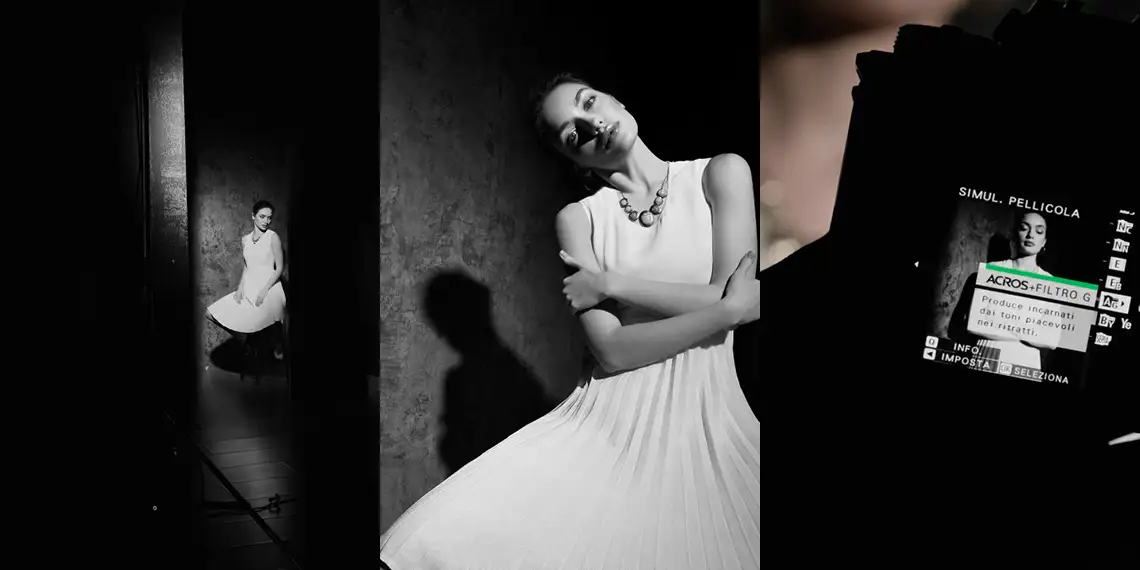 YouCrea! – ritratto, moda e tecnica fotografica Collage in bianco e nero con modella fotografata in studio , Fujifilm School
