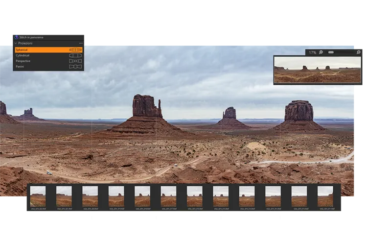 Creazione di un panorama in Capture One con più immagini di paesaggio unite in un unico file